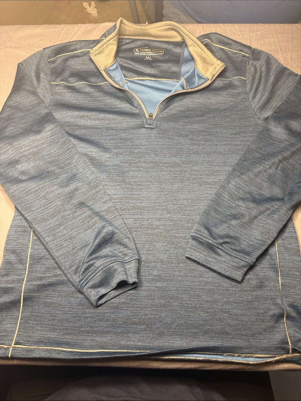 Pebble Beach Heathered Blue quarter zip with Tan Trim